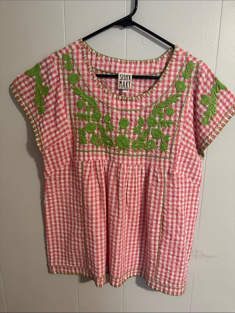 Pink Gingham Embroidered Peasant Blouse